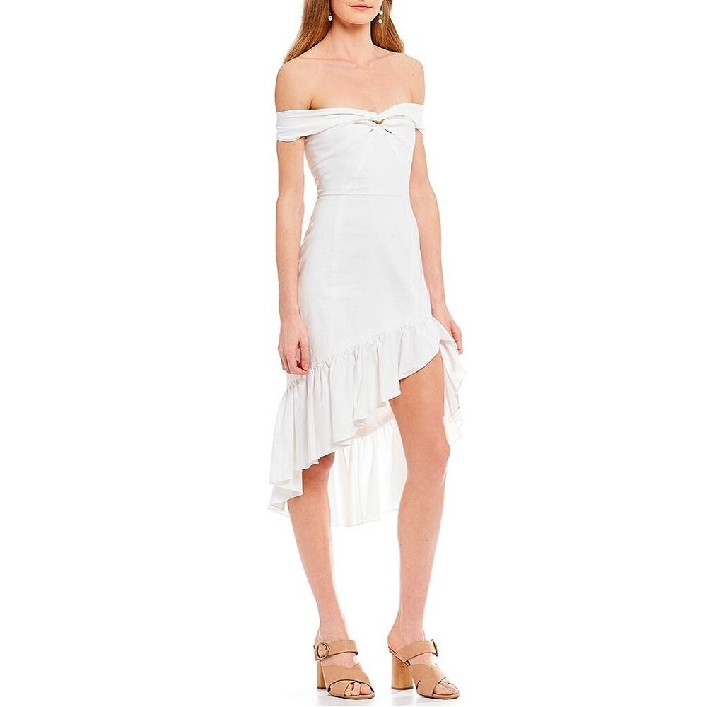 WAYF Genoa White Linen Blend Off-the-Shoulder Fitted Ruffle Midi Dress S